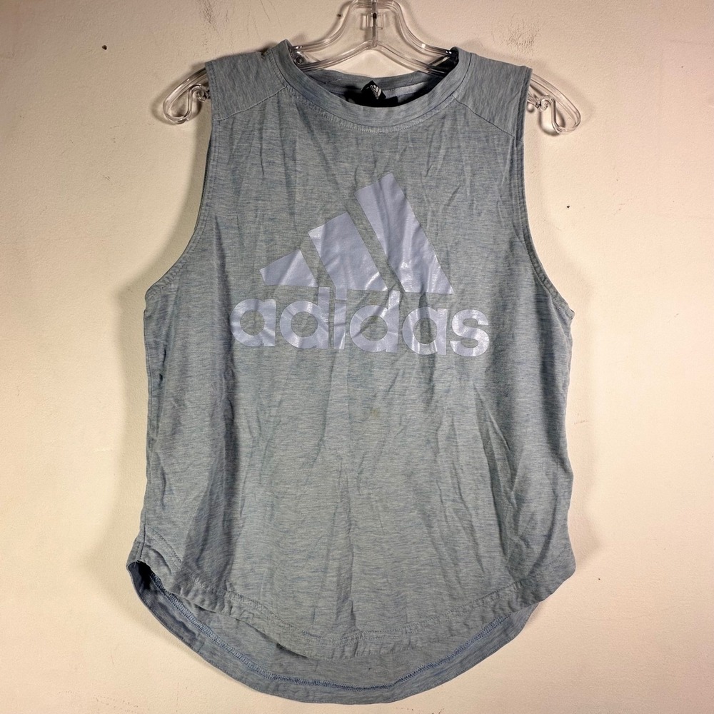 Adidas Womens Muscle Tank Top Heather Blue Graphic Logo Curved Hem XS‎ L5